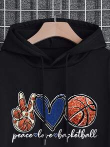 Men Heart & Letter Graphic Drawstring Hoodie - Black - View 3