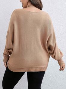 SHEIN LUNE Plus Batwing Sleeve Sweater - Khaki - View 2