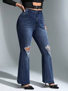 SHEIN ICON 大碼斜口袋破洞牛仔喇叭褲 - 藍色 - 查看 4