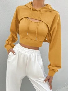 SHEIN Unity 2 件套：落肩长袖短款抽绳连帽衫和宽松上衣 - 黃色 - 查看 5