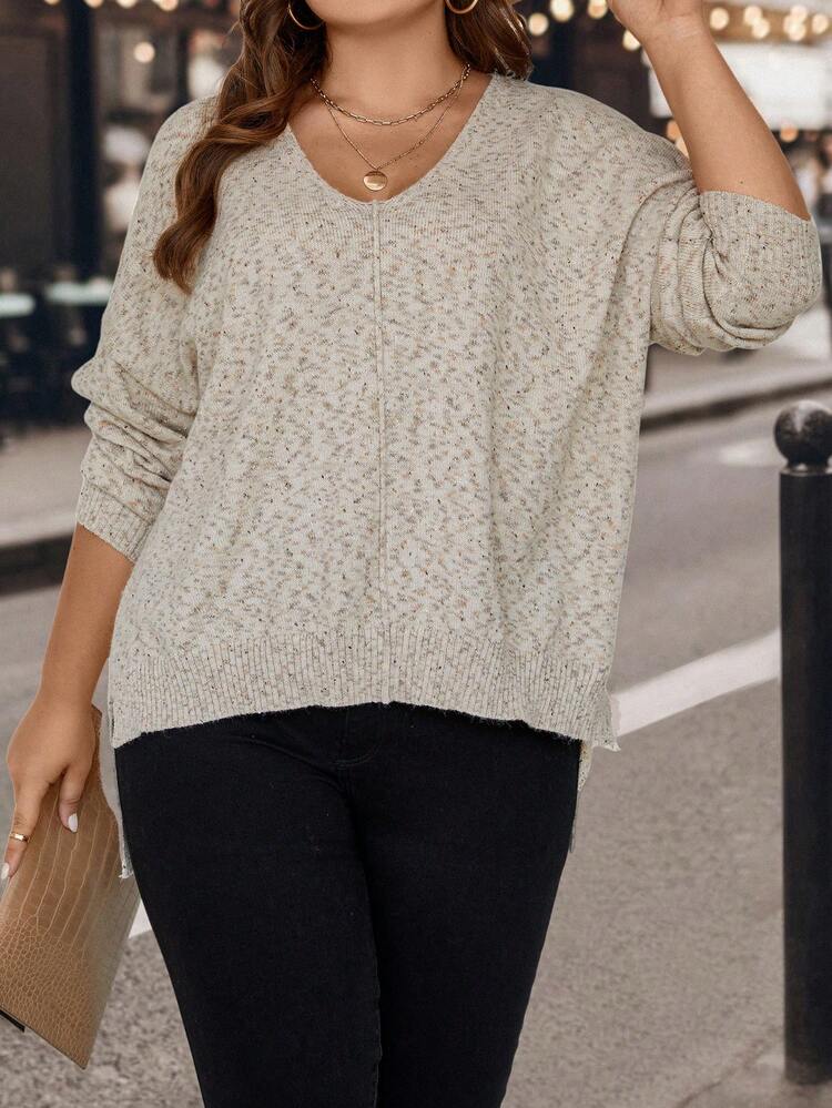 Plus Marled Knit Drop Shoulder High Low Hem Sweater