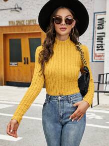 SHEIN Clasi Mock Neck Ribbed Knit Tee - Ginger - View 6