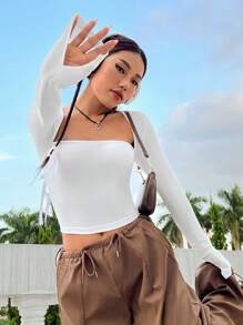 SHEIN Unity Camiseta unicolor cuello Reina Ana puño con abertura - Blanco - Ver 5