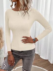 SHEIN Clasi Boat Neck Ribbed Knit Sweater,Long Sleeve Tops In Fall/Winter - Apricot - View 4