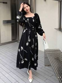 DAZY Vestido de cuello cuadrado con estampado floral, vestido de lechera, volantes, vestido largo de manga larga para otoño