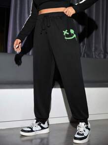 SHEIN EZwear Quần bó sát eo có dây rút in cỡ lớn dành cho nữ - màu đen - Xem 1