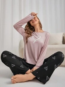 Conjunto de pijama con estampado de corazón (Camiseta y Pantalones), Ropa de otoño e invierno - Multicolor - Ver 6