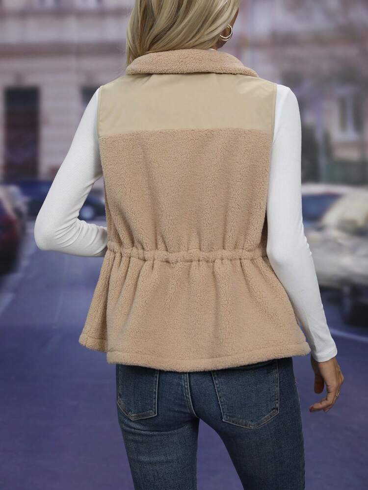 Drawstring Waist Zipper Teddy Vest Coat