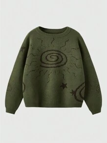 ROMWE Hippie 大碼星星&太陽圖案落肩袖套頭毛衣 - 軍綠色 - 查看 5