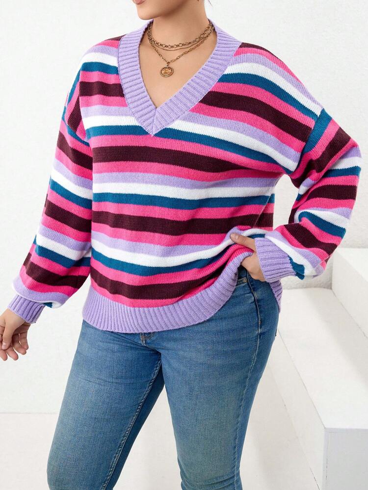 Plus Block Striped Pattern Drop Shoulder Sweater Knit Pullover Fall Winter Sweater