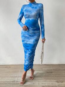 Chiquease Vestido ajustado de tie dye de cuello alto fruncido - Azul - Ver 1
