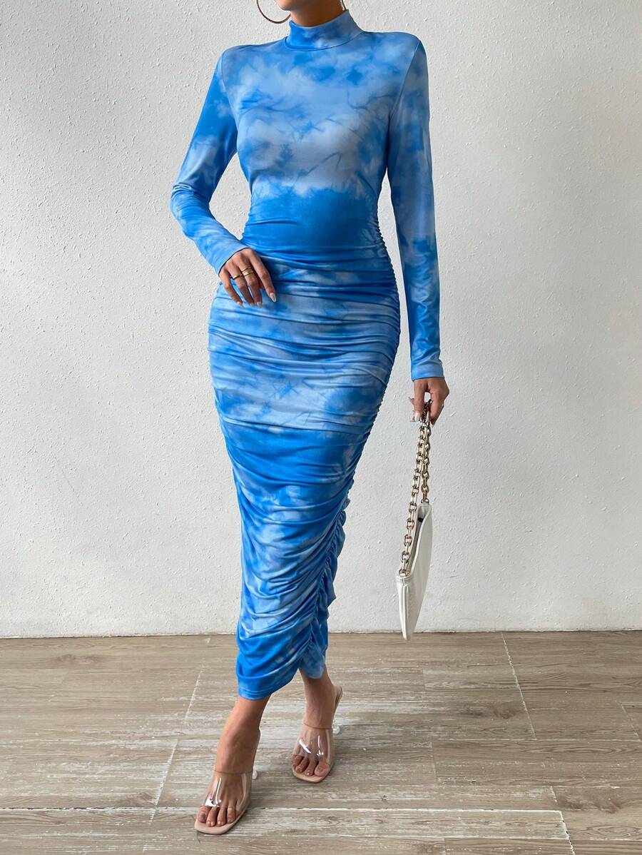 Chiquease Vestido ajustado de tie dye de cuello alto fruncido - Azul - Ver 1