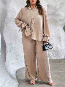 SHEIN Privé Plus Knot Cuff Shirt & Wide Leg Pants - Khaki - View 4