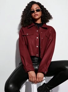 SHEIN EZwear 翻蓋細節落肩袖PU皮革夾克 - 酒紅色 - 查看 5