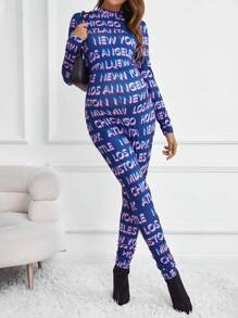 SHEIN Maternity Allover Letter Graphic Mock Neck Unitard Jumpsuit - Purple - View 5