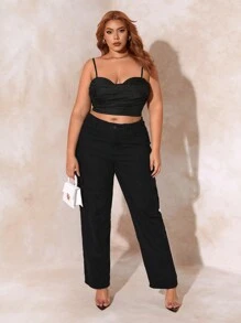 SHEIN SXY Plus Draped Collar Ruched Cami Top - Black - View 4