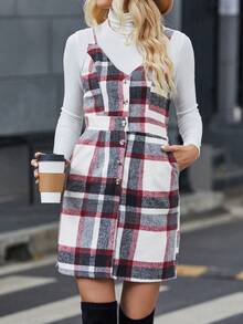 SHEIN LUNE 格紋印花斜口袋背帶洋裝無毛衣 - 彩色 - 查看 3