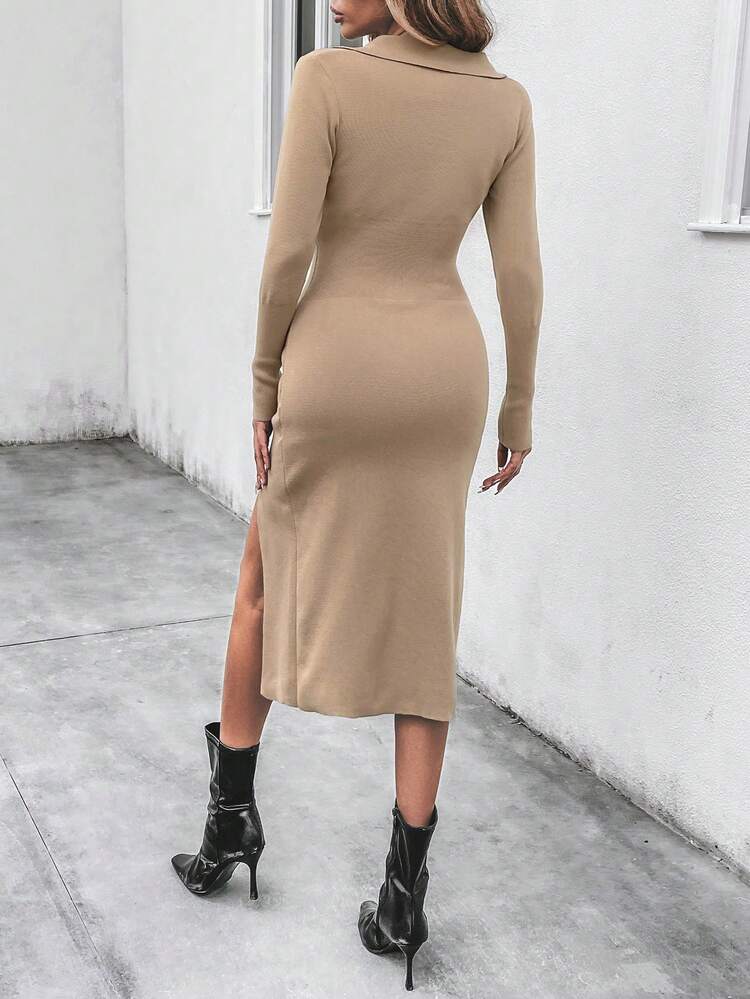 Solid Split Thigh Ribbed Knit Sweater Dress Fall Cloth For Women