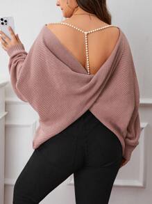 SHEIN SXY Hơn Đồ Trang trí ngọc trai Xoay lại Trở lại tay cánh Áo len - Bụi hồng - Xem 1