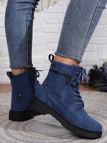 秋冬女士蓝色工装高帮英伦风靴子，适合四季，女靴 - 藍色 - 查看 6