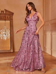 Faeriesty 女士优雅V领无袖A字亮片装饰连衣裙 - 轻盈飘逸的春夏正式礼服 - 完美适用于婚礼宾客、盛大晚宴、红毯活动、夏季度假派对 - 紫色 - 查看 6