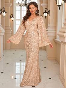 Flare Sleeve Sequin Formal Dress Elegant Long Sleeve Prom Evening Wedding Guest Gown, For Graduation, Dinner - 香檳色 - 查看 3
