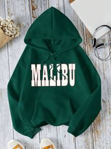 SHEIN EZwear Plus Letter Graphic Kangaroo Pocket Drawstring Thermal Hoodie - Dark Green - View 1