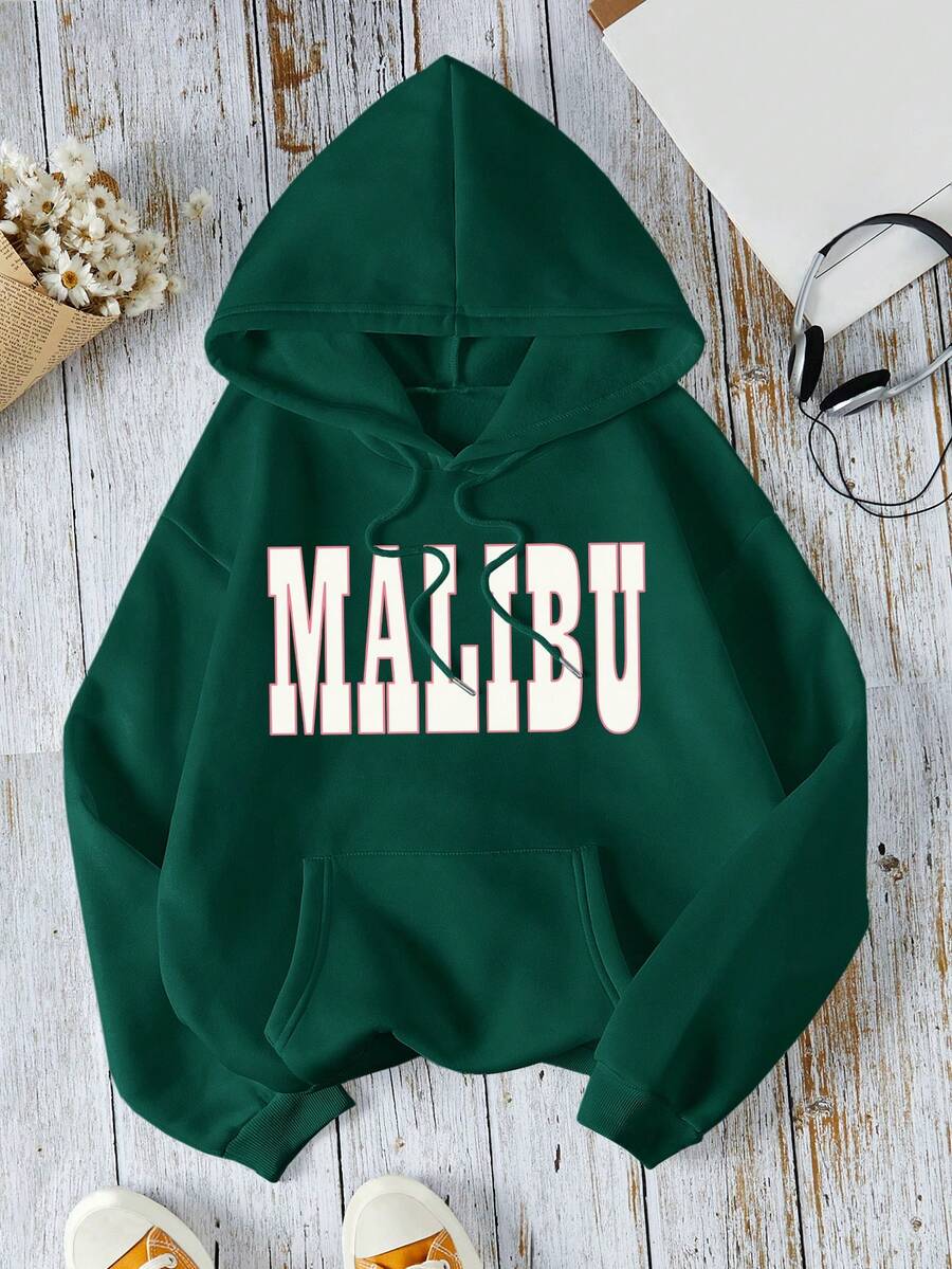 SHEIN EZwear Plus Letter Graphic Kangaroo Pocket Drawstring Thermal Hoodie - Dark Green - View 1