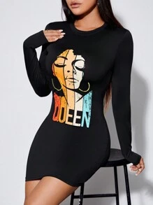 SHEIN PETITE Figure & Letter Graphic Bodycon Dress - Black - View 1