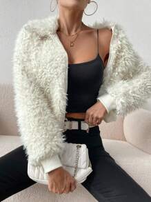 SHEIN Essnce Dây kéo 	
Fuzzy Áo khoác - Màu be - Xem 2