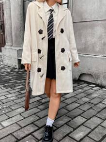 Flirla Plus Flap Pocket Duffle Hooded Overcoat - Apricot - View 1