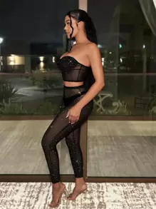 SHEIN X GiudiceGirls Rhinestone Detail Tube Top & Pants Without Panty - Black - View 6