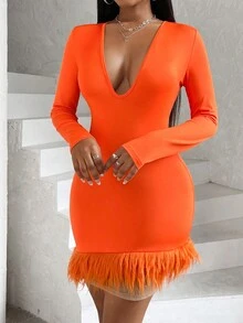 SHEIN Slayr Cổ Lao Viền rìa Váy bodycon - trái cam - Xem 3