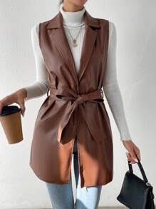 Chiquease 西裝領腰帶馬甲西裝外套 - 卡其色 - 查看 5