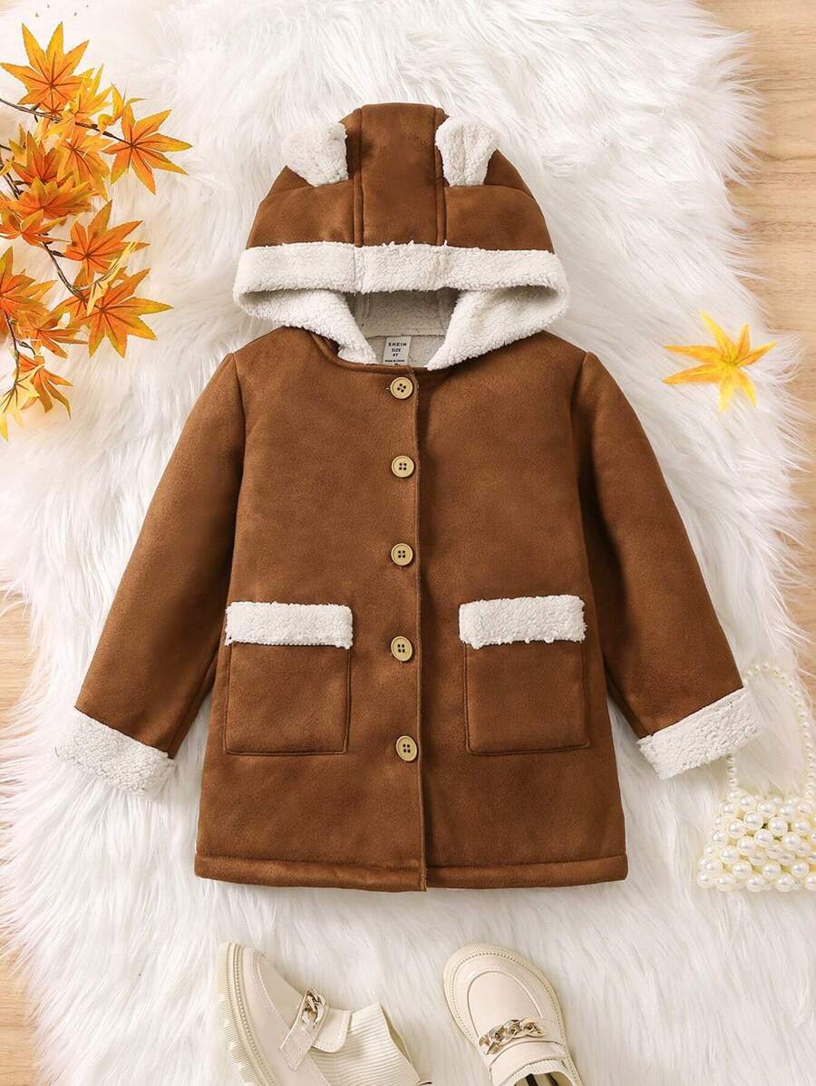 SHEIN 男小童3D耳朵設計連帽毛絨內襯外套 - 棕色 - 查看 1