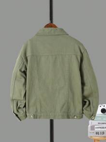 男大童破洞抽鬚翻蓋細節牛仔夾克不帶T恤 - 軍綠色 - 查看 2