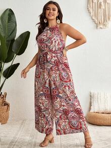 SHEIN VCAY Hơn In hoa Paisley Thắt lưng Áo liền quần Dây thắt cổ - Nhiều màu - Xem 6