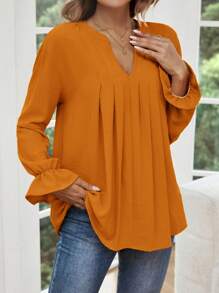 SHEIN LUNE Notched Neck Flounce Sleeve Plicated Detail Blouse - Khaki - View 1