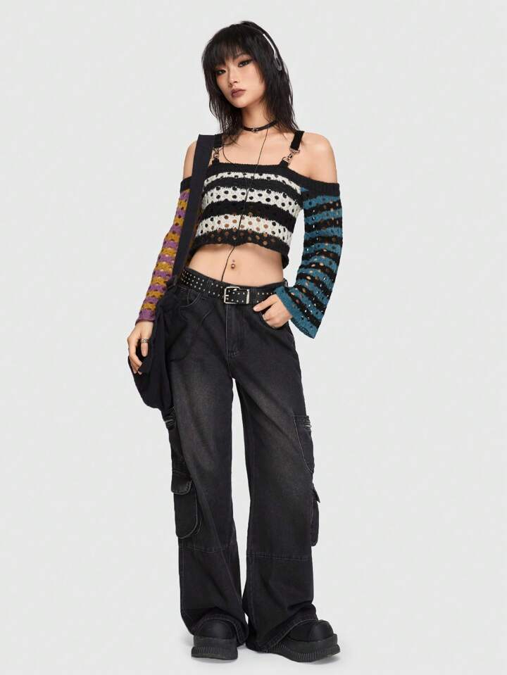 トップス civarize damage border knit grunge pank Kukuzhu Y2K Oversized Goth Punk Sweater Ripped Striped Long