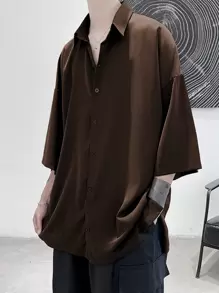 Manfinity Hypemode 男士寬鬆純色下垂肩襯衫 - 咖啡棕 - 查看 1