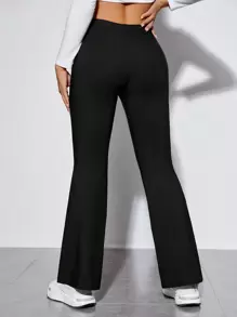 SHEIN PETITE Letter Graphic Flare Leg Pants - Black - View 2