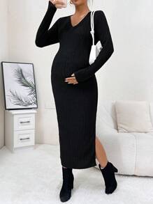 SHEIN Thai sản Đồ đan Ribbed Tách đùi Đầm - màu đen - Xem 3