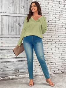 SHEIN LUNE 大碼缺口領落肩T恤 - 軍綠色 - 查看 6