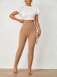 SHEIN Privé Pantalones ajustados con diseño de botón - Caqui - Ver 6