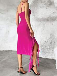 SHEIN Privé Ruched Asymmetrical Hem Mesh Cami Dress - Hot Pink - View 2