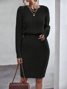 Chiquease 素色落肩袖毛衣洋裝 - 黑色 - 查看 4