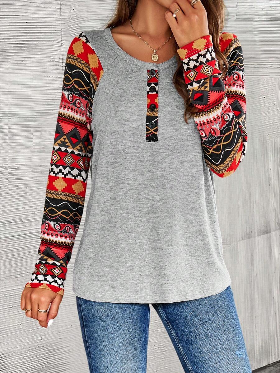 SHEIN LUNE Camiseta con estampado geométrico con botón - Gris - Ver 1