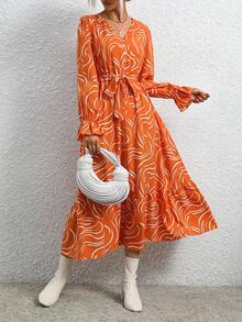 SHEIN Frenchy Allover Print Flare Sleeve Belted Dress - Multicolor - View 6