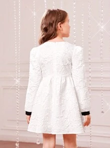 SHEIN Fern Glow  Tween Girl Bow Front Jacquard Contrast Trim Dress - Black and White - View 2