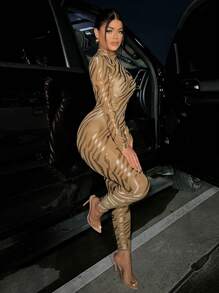 SHEIN SXY Allover Print Mesh Unitard Jumpsuit - Brown - View 5